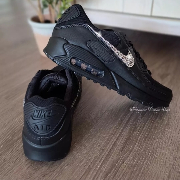 Bling Nike Air Max 90 Women's Leather Black Shoes Customized with Crystals - Picture 6 of 7